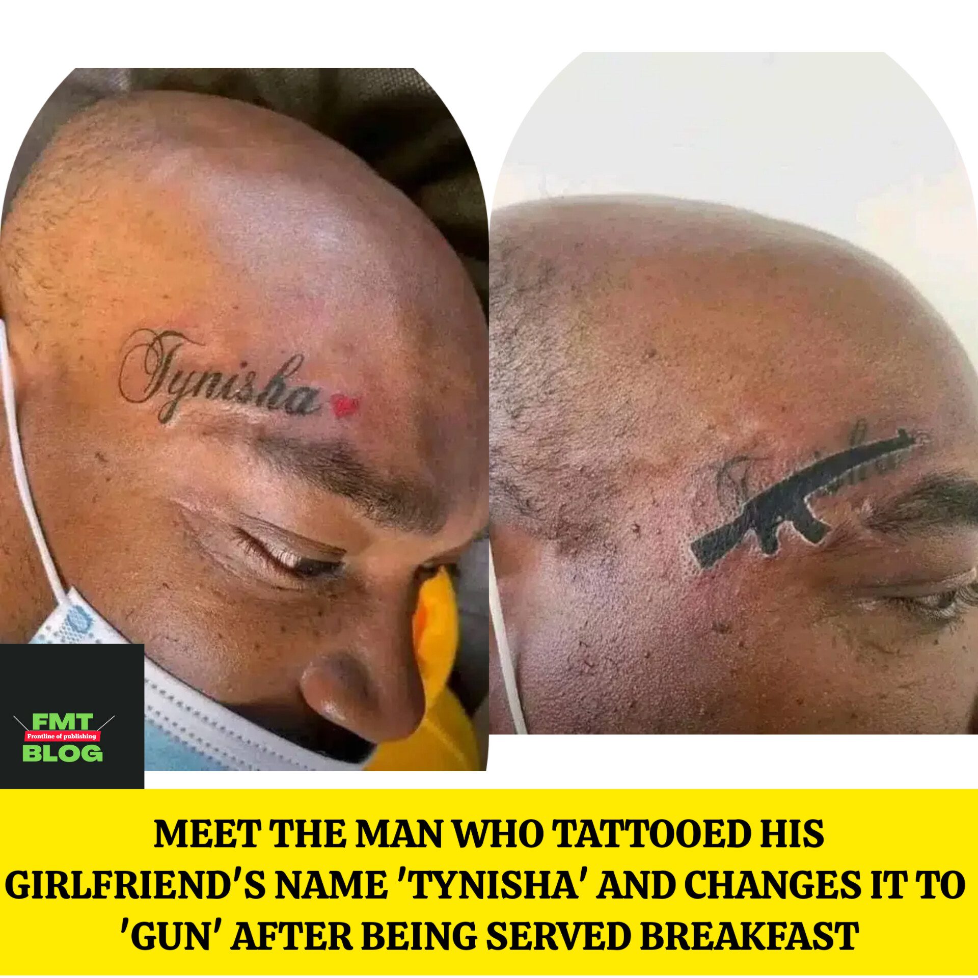 man Who Tattooed His Girlfriend's Name 'Tynisha' and Changes It To 'Gun' After Being Served breakup
