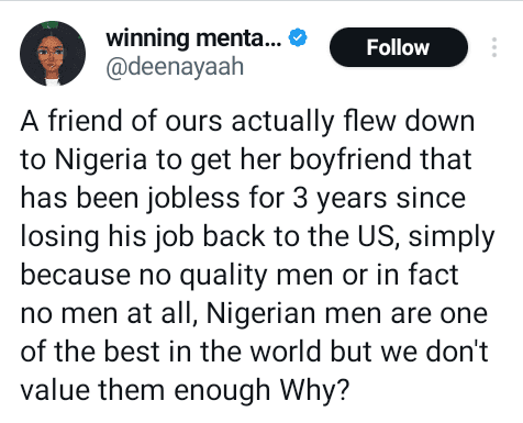 Lady Relocates her Nigerian Boyfriend