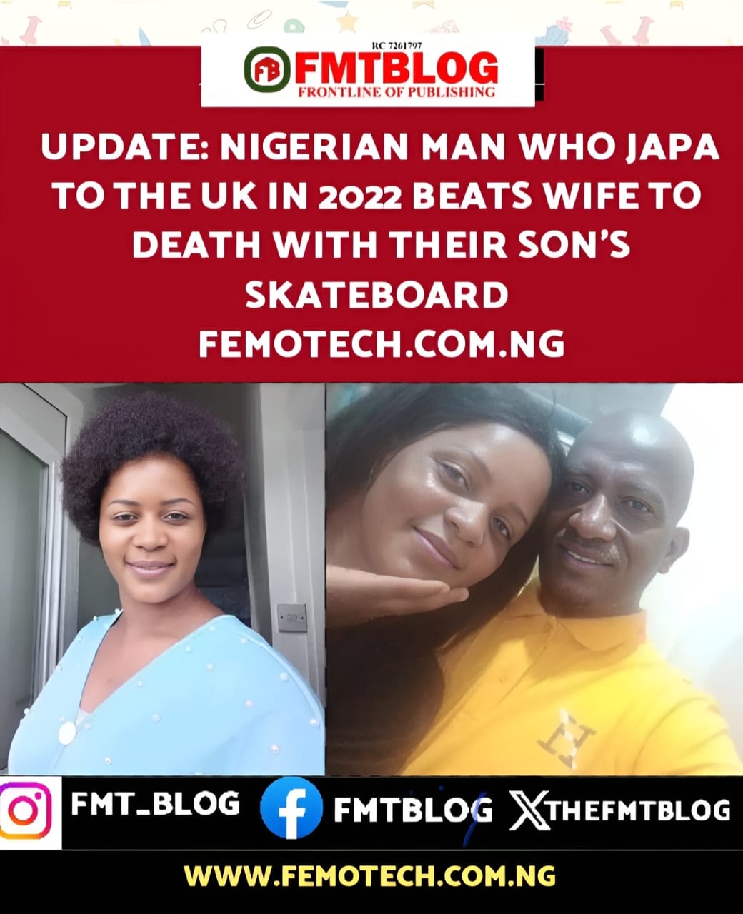 Update- Nigerian Man Who Japa To The UK In 2022 Beats Wife To Death With Their Son's Skateboard